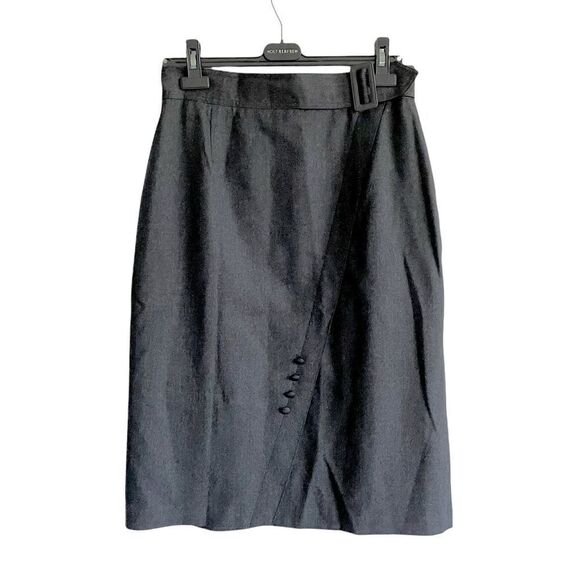 VINTAGE Verlaine International Wool Wrap Midi Pencil Skirt Tie Waist Belt Gray L - Picture 1 of 4
